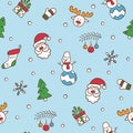 Merry Christmas. Seamless pattern with Santa Claus, christmas tree, reindeer, snowman, gift, snowflake and other. Vector