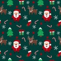 Merry Christmas seamless pattern with Santa Claus, deers, snowflakes, stars, christmas trees and candies in vector.