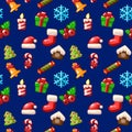 Merry Christmas seamless pattern, set icons on blue background Royalty Free Stock Photo