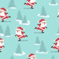 Merry Christmas seamless pattern with skating Santa Claus.