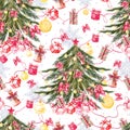 Merry christmas seamless pattern with watercolor Christmas tree, balls of yellow colors, bells, bows, gift boxes, candies Royalty Free Stock Photo