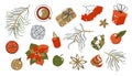 Set of Christmas themed items. Food, drinks, spices, plants, decorations. Isolated festive objects for your design.