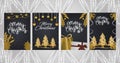 Merry christmas, set of card with golden trees gifts and balls Royalty Free Stock Photo