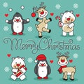 Merry christmas set cartoon animals with text Royalty Free Stock Photo