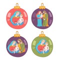 Merry Christmas. Set of Christmas balls with the image of the Holy family.