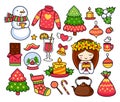 Merry Christmas set. Collection of cute stickers, prints, pins. Pine tree, snowman, mistletoe, mulled wine, decorations