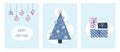 Merry Christmas set greeting cards, holiday covers. Modern Xmas design with triangle fir, balls and gifts