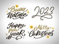 Merry Christmas set 2023 Happy New Year, typography lettering badge emblems quotes set collection. Vector logo design Royalty Free Stock Photo