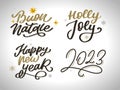 Merry Christmas set 2023 Happy New Year, typography lettering badge emblems quotes set collection. Vector logo design Royalty Free Stock Photo