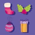 Merry christmas, set icons gift ball sock and holly berry Royalty Free Stock Photo