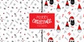 Merry Christmas set of seamless pattern with head elf and Santa Claus. The xmas black and red vector illustration in Royalty Free Stock Photo