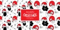 Merry Christmas set of two pattern with head elf and Santa Claus. The xmas black and red vector illustration in doodle Royalty Free Stock Photo
