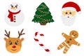 Merry Christmas set of vector illustrations, Santa Claus, Christmas tree, Gingerbread man, lollipop, Christmas deer, Snowman Royalty Free Stock Photo