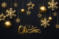 Merry Christmas. Shimmering golden snowflakes, christmas balls and stars on black background