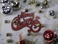 Merry Christmas sign, assorted red, gold, sliver christmas bells