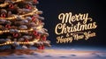 Merry Christmas Sign with Glowing Lights and Pine Decorations Royalty Free Stock Photo