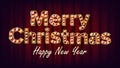 Merry Christmas Sign And Happy New Year Vector. Vintage Golden Illuminated Neon Light. Realistic Retro Shine Lamp Bulb Royalty Free Stock Photo