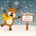 Merry Christmas Sign - Happy Reindeer Royalty Free Stock Photo