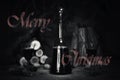 Merry Christmas Sign With Red Wine Vintage Bottle and Glasses Re Royalty Free Stock Photo