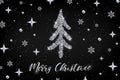 Merry Christmas silver greeting card template. Hand drawn stylized Christmas tree with metal glitter effect on black decorated