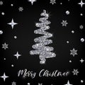 Merry Christmas silver greeting card template. Hand drawn stylized Christmas tree with shiny glitter effect on black decorated