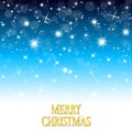 Merry christmas simple card with blue background falling snow and glowing stars. Wallpaper celebration template with text. Vector Royalty Free Stock Photo