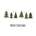 Merry Christmas, simple card with trees. Postcard with decorative forest graphic design elements.