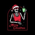 MERRY CHRISTMAS SKELETON IN SANTA HAT DRINKS MULLED WINE BADGE PATCH