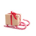 Merry Christmas sleigh of present box and candy canes Royalty Free Stock Photo