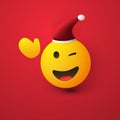 Merry Christmas! - Smiling and Winking Emoji with Red Santa Hat and Waving Hand - Simple Shiny Happy Emoticon on Red Background