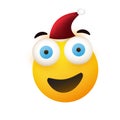 Merry Christmas! - Smiling Yellow Emoji with Red Santa Hat with Pop Out, Wide Open Eyes - Simple Shiny Happy Emoticon Royalty Free Stock Photo