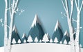 Merry christmas,Snow forest. pines in winter and mountain Paper vector Illustration Royalty Free Stock Photo