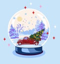 Merry christmas snow globe glass ball. Retro red pickup truck with christmas tree and gifts, snowy forest, winter Royalty Free Stock Photo