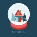 Merry christmas snow globe with a small house and fir-tree under the snow Royalty Free Stock Photo