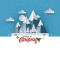 Merry Christmas on Snow and mountain. paper art and digital craft style, vector illustration