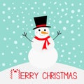 Merry Christmas. Snowman, carrot nose, hat, red scarf and snowflakes. Cute cartoon funny kawaii character. Candy cane. Blue winter