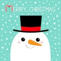 Merry Christmas. Snowman face head. Carrot nose, black hat. Cute cartoon funny kawaii character. Blue winter snow background. Royalty Free Stock Photo