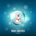 Merry Christmas with Snowman in glass sphere bubble and snowflake on blue background, vector illustration