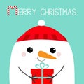 Merry Christmas. Snowman head face holding gift box. Red hat. Happy New Year. Cute cartoon kawaii baby character. Funny animal. Royalty Free Stock Photo