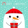 Merry Christmas. Snowman head face holding gift box. Red hat. Happy New Year. Cute cartoon kawaii baby character. Funny animal. Royalty Free Stock Photo