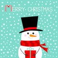 Merry Christmas. Snowman holding gift box present. Carrot nose, black hat, red scarf. Happy New Year. Cute cartoon funny kawaii Royalty Free Stock Photo