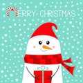 Merry Christmas. Snowman holding gift box present. Carrot nose, red Santa hat, scarf. Happy New Year. Cute cartoon funny kawaii Royalty Free Stock Photo