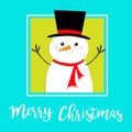 Merry Christmas. Snowman holding hands up. Carrot nose, black hat. Happy New Year. Cute cartoon funny kawaii character. Greeting Royalty Free Stock Photo