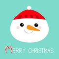 Merry Christmas. Snowman round face head icon. Carrot nose, red hat. Cute cartoon funny kawaii character. Happy New Year. Blue Royalty Free Stock Photo