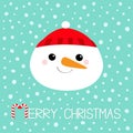 Merry Christmas. Snowman round face head icon. Carrot nose, red hat. Cute cartoon funny kawaii character. Happy New Year. Blue Royalty Free Stock Photo