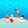 Merry Christmas with Snowman Santa Claus and Trees Mountain Landscape View Falling Snow Blue Sky Wallpaper Background