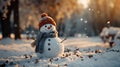 Merry Christmas, Snowman in a winter Christmas scene with snow, Pine trees and warm light Royalty Free Stock Photo