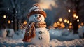 Merry Christmas, Snowman in a winter Christmas scene with snow, Pine trees and warm light Royalty Free Stock Photo