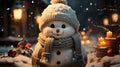 Merry Christmas, Snowman in a winter Christmas scene with snow, Pine trees and warm light Royalty Free Stock Photo