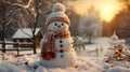 Merry Christmas, Snowman in a winter Christmas scene with snow, Pine trees and warm light Royalty Free Stock Photo